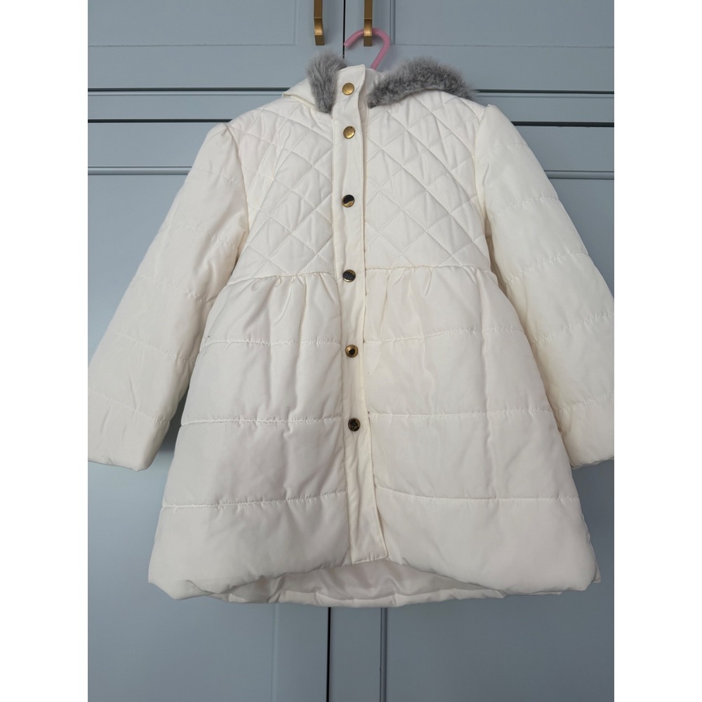 Janie and Jack Girls Cream Quilted Puffer Coat Faux Fur Hood Size 3-4